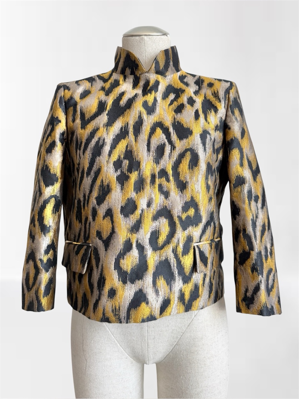 Shanghai Tang Metallic Leopard Jacquard Mandarin Collar Jacket – Size 42